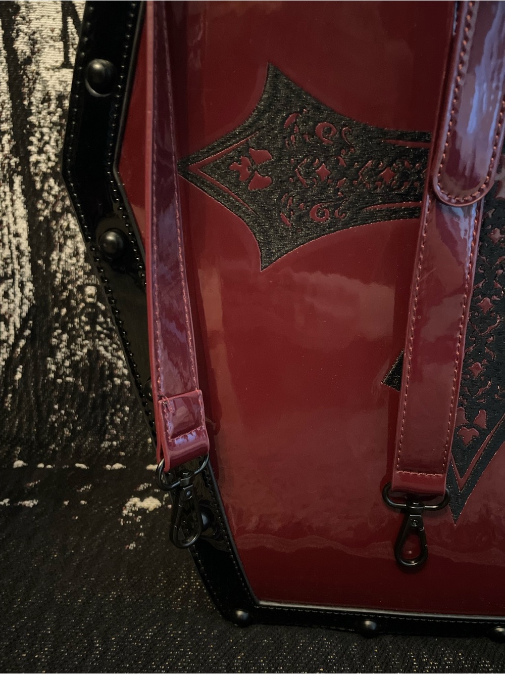 Dolls Kill Wine Red Coffin Weekender Bag with Black Embroidered Cross - Picture 7 of 13